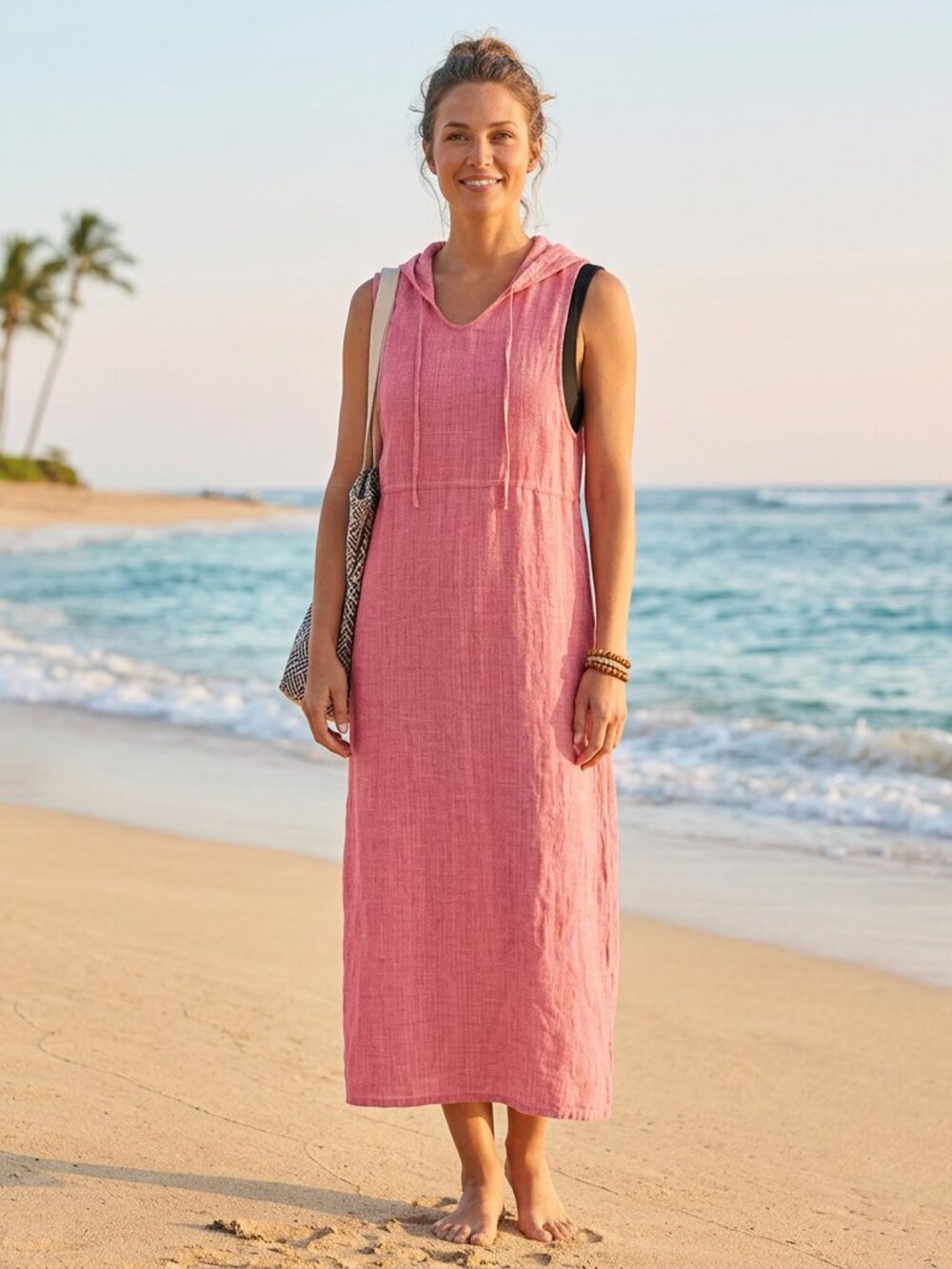 Flax 100% Linen Pink Sleeveless Hooded Cover-Up - Size M